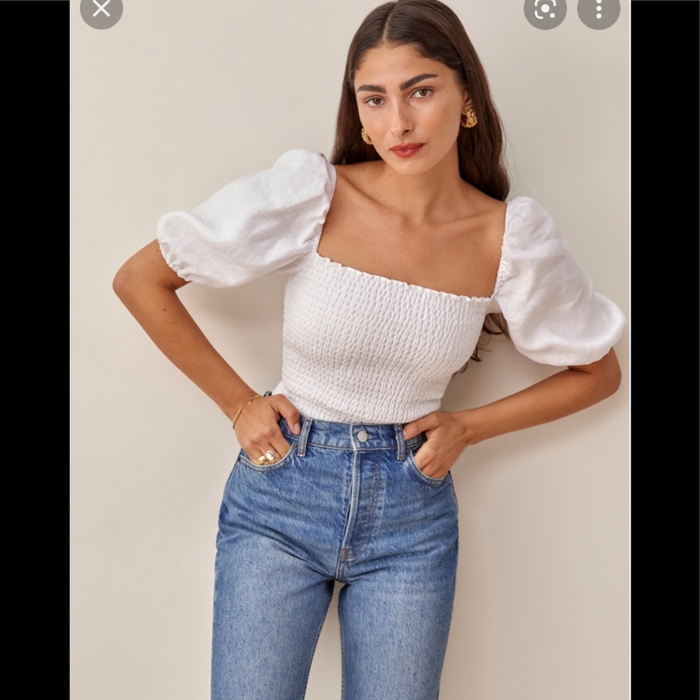 REFORMATION MULBERRY WHITE SMOCKED LINEN TOP ELBOW LEATHER PUFF SLEEVES SIZE XS